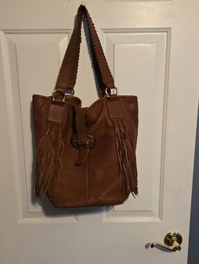David & Scotti Brown Buttery Soft Whipstitched Leather Fringe Shoulder Bag